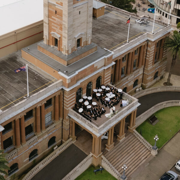 A birds eye view of a wedding ceremony on Hunter Balcony, Newcastle City Hall