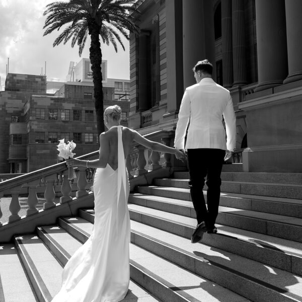 Relaxed bridal portait on the steps of Newcastle City Hall